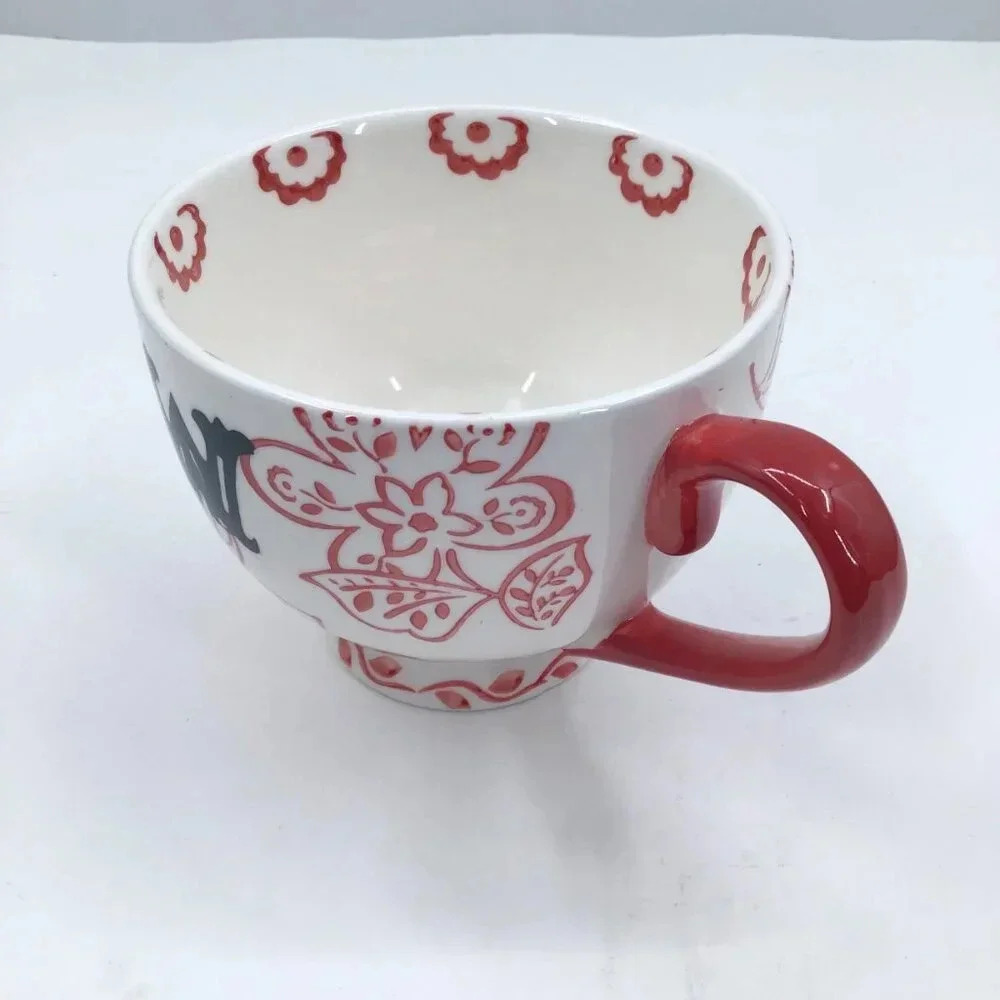 Dutch Wax Coffee Tea Mug Cup Hand-Painted Wisconsin Red White Floral Cottagecore - Picture 4 of 8